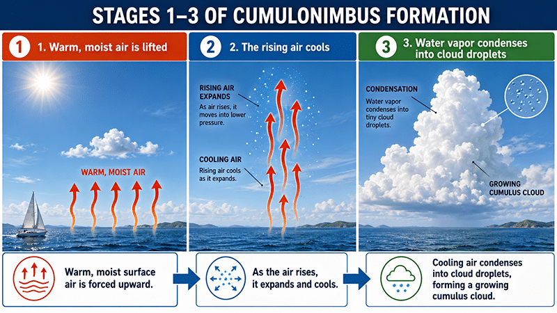cumulonimbus-1-3-800px Diagram of cumulonimbus formation showing stages from warm air rising to cooling and condensation into clouds.