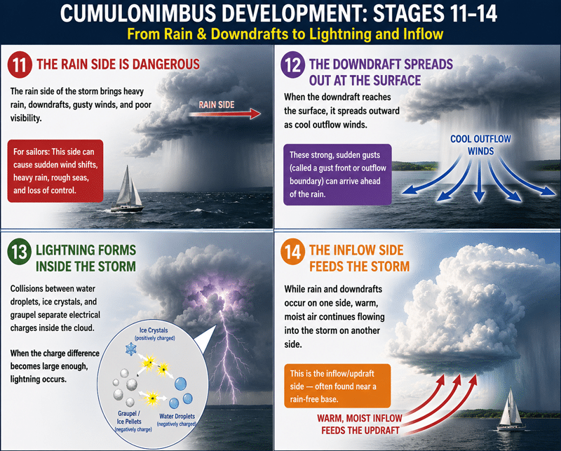 cumulonimbus-11-14-800px Sailing near dangerous cumulonimbus storms with rain, downdrafts, inflow, and lightning stages 11-14 illustrated.