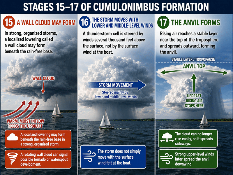 cumulonimbus-15-17-800px Stages 15-17 of cumulonimbus formation with sailboats, illustrating wall cloud, storm movement, and anvil formation.