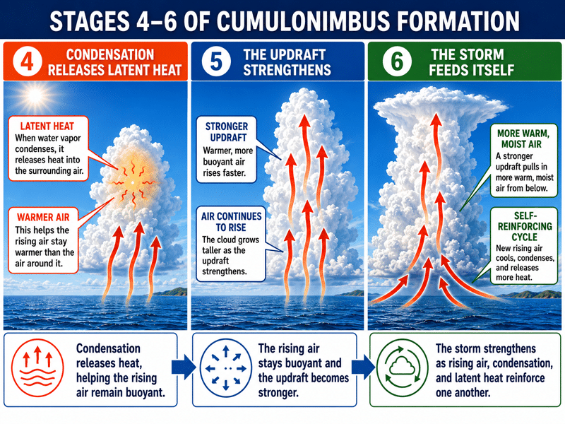 cumulonimbus-4-6-800px Stages 4-6 of cumulonimbus cloud formation: condensation, updraft strengthening, and storm self-feeding dynamics.