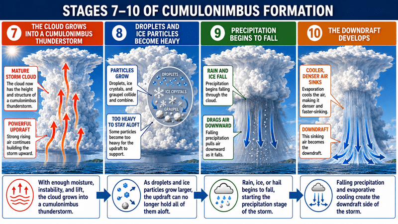 cumulonimbus-7-10-800px Infographic illustrating stages 7-10 of cumulonimbus formation: thunderstorm growth, droplet coalescence, precipitation, downdraft.