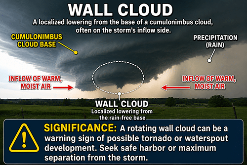 wall-cloud-labeled-500px Diagram of a wall cloud showing air flow, precipitation, and storm warning for potential tornado or waterspout development.