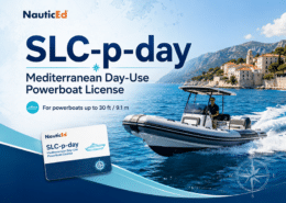 Powerboat on Mediterranean coast promoting NauticEd SLC-p-day license for vessels up to 30 ft.