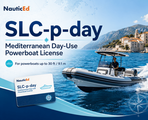 Powerboat on Mediterranean coast promoting NauticEd SLC-p-day license for vessels up to 30 ft.