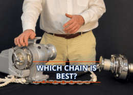 Man comparing anchor chains and windlasses; text reads Which Chain is Best?