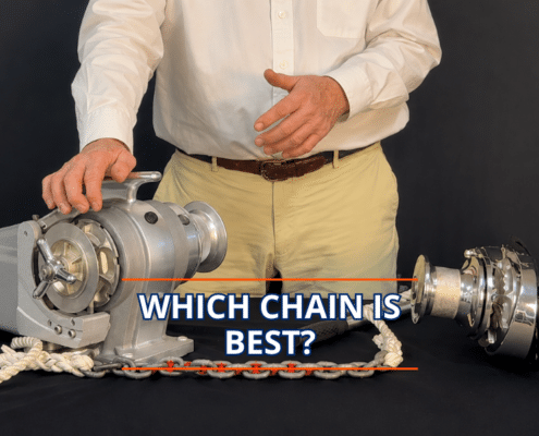 Man comparing anchor chains and windlasses; text reads Which Chain is Best?