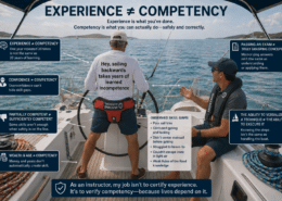 Two men sailing, discussing that experience doesn't equal competency, emphasizing skill and safety.