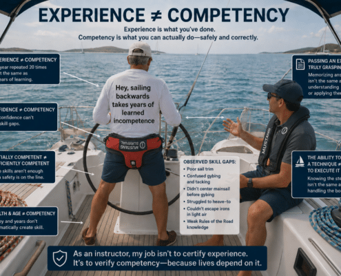 Two men sailing, discussing that experience doesn't equal competency, emphasizing skill and safety.