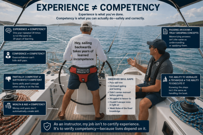 Experience ≠ Competency Two men sailing, discussing that experience doesn't equal competency, emphasizing skill and safety.