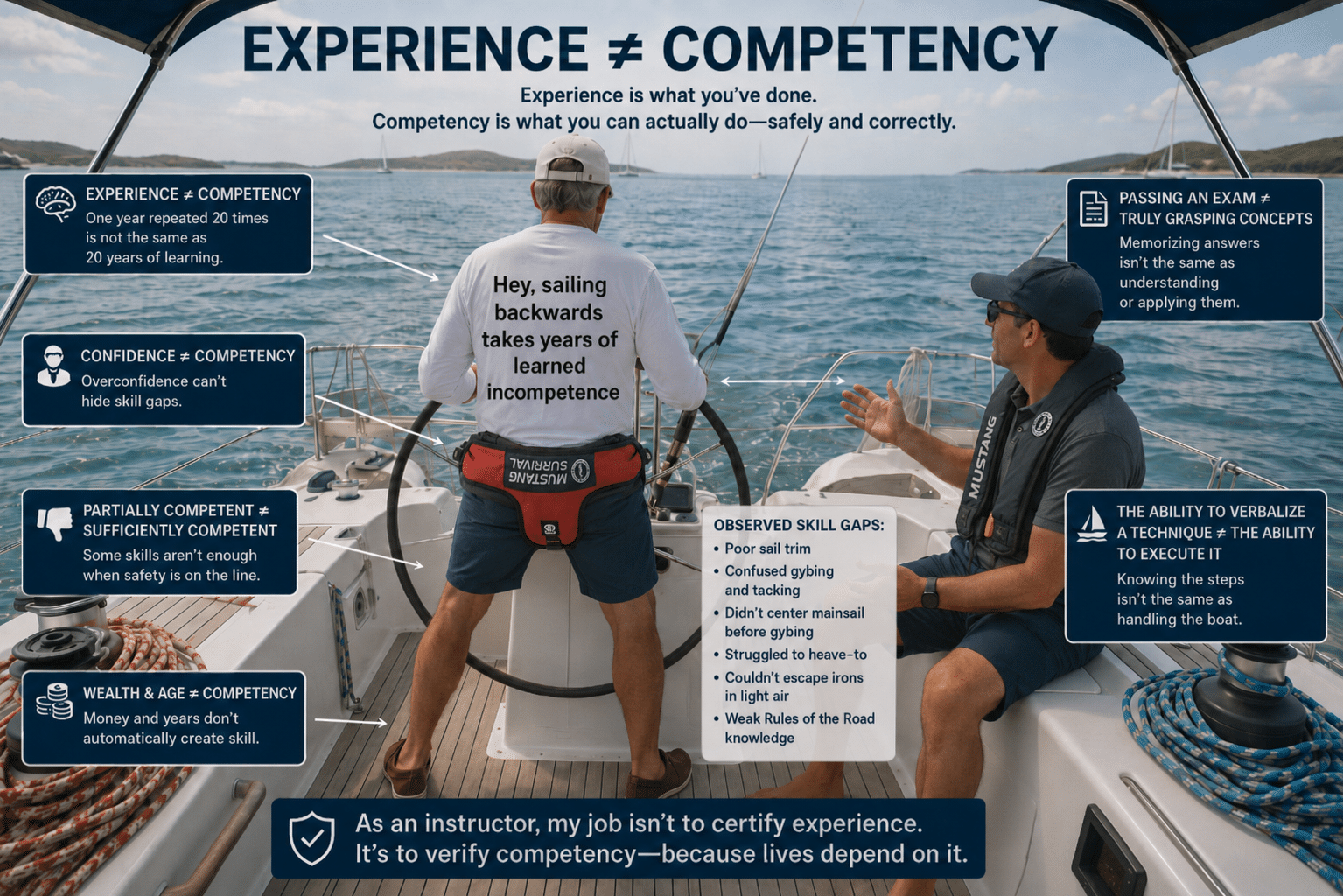 Experience ≠ Competency Two men sailing, discussing that experience doesn't equal competency, emphasizing skill and safety.