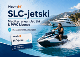 Man on jet ski with NauticEd SLC-jetski license, cruising by a yacht in the Mediterranean Sea.
