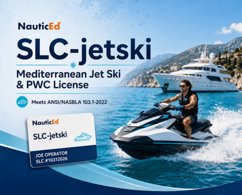 Man on jet ski with NauticEd SLC-jetski license, cruising by a yacht in the Mediterranean Sea.