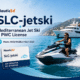Man on jet ski with NauticEd SLC-jetski license, cruising by a yacht in the Mediterranean Sea.
