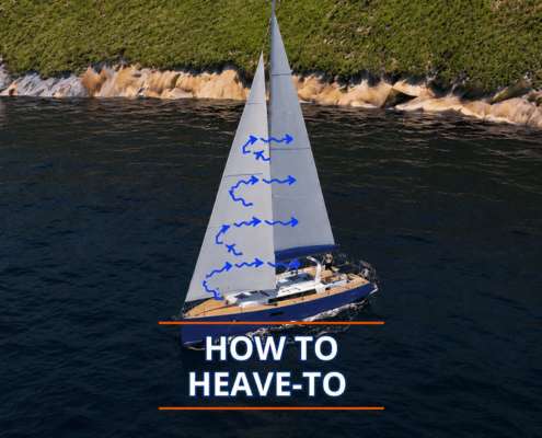 Sailboat demonstrating how to heave-to, with arrows on sails and scenic coastline background.