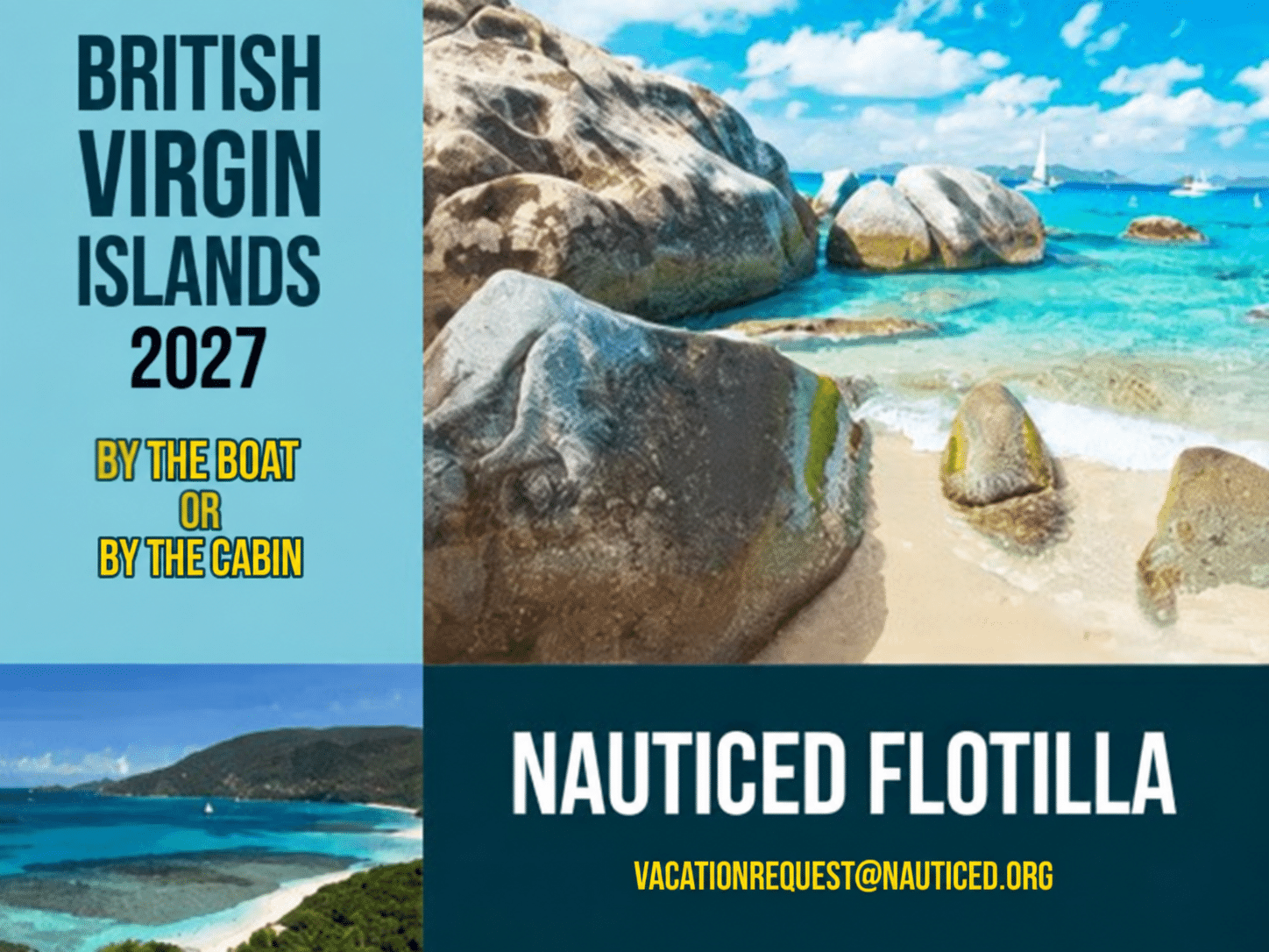 Explore the British Virgin Islands by boat or cabin with Nauticed Flotilla in 2027. Stunning beach and ocean view.