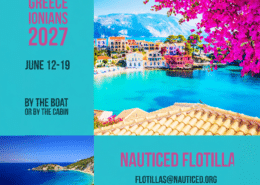 Explore Greece Ionian sailing trip 2027 with Nauticed Flotilla, June 12-19. Scenic coastal view with vibrant flowers.