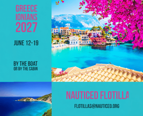 Explore Greece Ionian sailing trip 2027 with Nauticed Flotilla, June 12-19. Scenic coastal view with vibrant flowers.