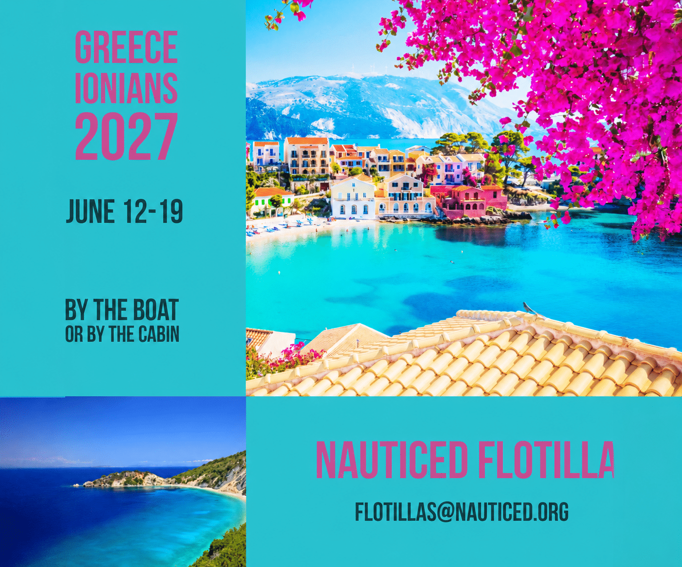 Explore Greece Ionian sailing trip 2027 with Nauticed Flotilla, June 12-19. Scenic coastal view with vibrant flowers.