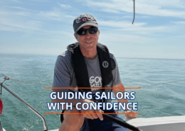 Experienced sailor steering a boat under blue skies, promoting sailing confidence and skills.