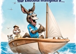 Donkey sailing with worried captain, humorous take on emotional intelligence at sea, cartoon style.