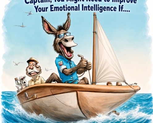 Donkey sailing with worried captain, humorous take on emotional intelligence at sea, cartoon style.