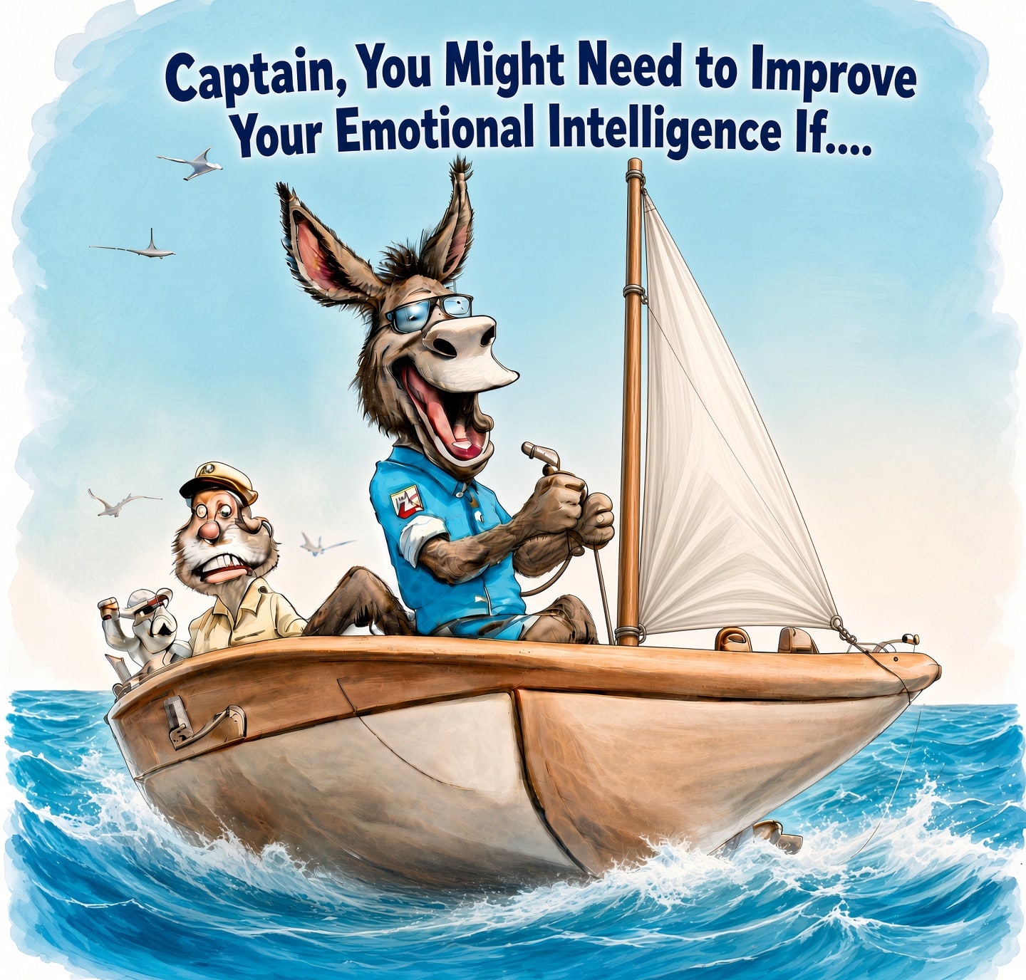 image Donkey sailing with worried captain, humorous take on emotional intelligence at sea, cartoon style.