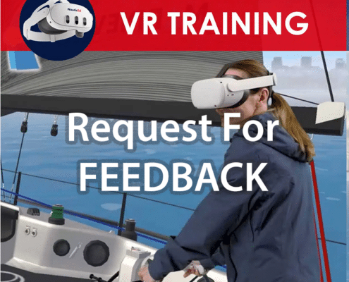 Person using VR headset for sailing training, requesting feedback.