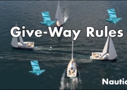 Sailing give-way rules diagram with boats maneuvering on the water, featuring directional arrows and Give-Way Rules text.