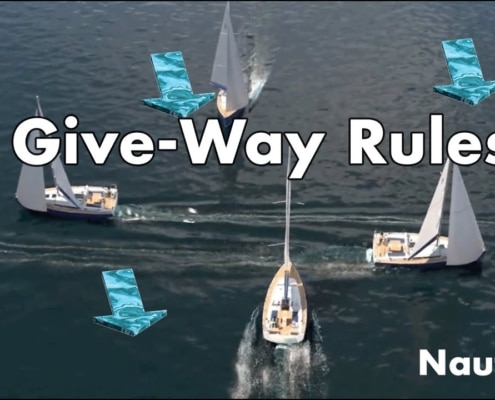 Sailing give-way rules diagram with boats maneuvering on the water, featuring directional arrows and Give-Way Rules text.