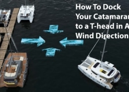 Catamarans at a dock with arrows showing wind direction; guide on docking in any wind condition.