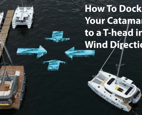 Catamarans at a dock with arrows showing wind direction; guide on docking in any wind condition.
