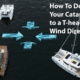 Catamarans at a dock with arrows showing wind direction; guide on docking in any wind condition.