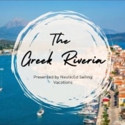 Aerial view of Greek Riviera coastline, featuring picturesque town and sailboats. Presented by NauticEd Sailing Vacations.