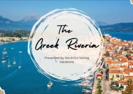 Aerial view of Greek Riviera coastline, featuring picturesque town and sailboats. Presented by NauticEd Sailing Vacations.