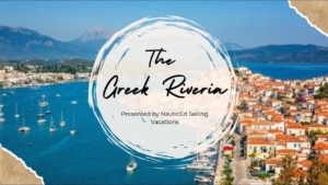 Aerial view of Greek Riviera coastline, featuring picturesque town and sailboats. Presented by NauticEd Sailing Vacations.