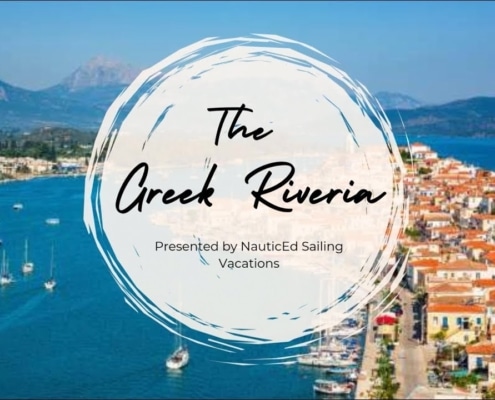 Aerial view of Greek Riviera coastline, featuring picturesque town and sailboats. Presented by NauticEd Sailing Vacations.